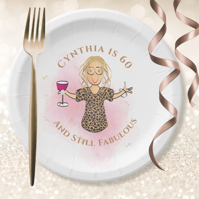Funny 60th Birthday Cartoon Pink 60 and Fabulous  Paper Plates (Creator Uploaded)