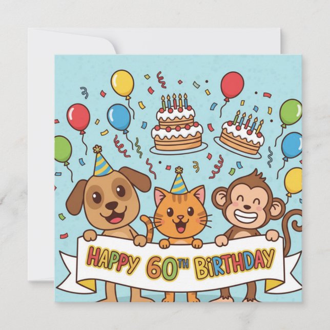 Funny 60th Birthday Party Banner with Animal cards (Front)