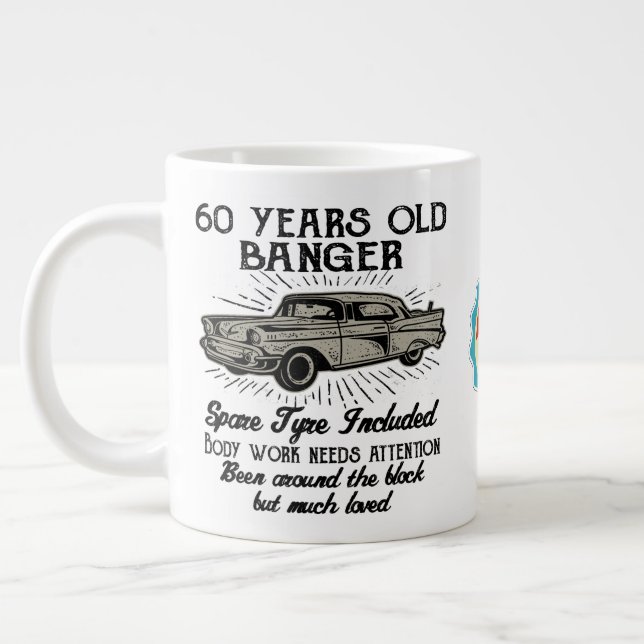 Funny 60th Birthday Retro Car Banger Add Name Date Giant Coffee Mug (Left)