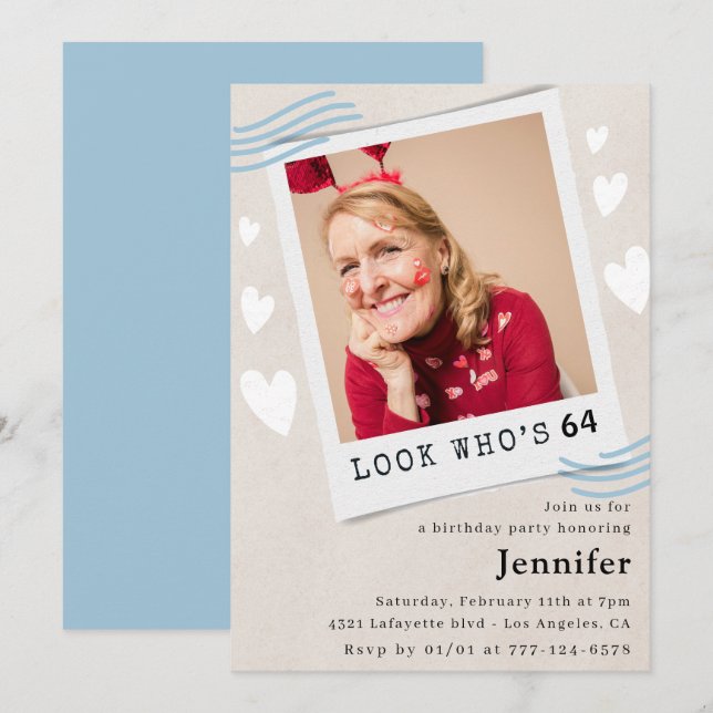 Funny 64th birthday invitations Photo for her (Front/Back)