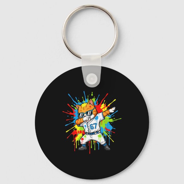 Funny 67 Baseball Dabbing Cat 6 7 Dripng Ice Cream Keychain (Front)
