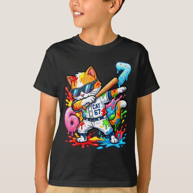Funny 67 Baseball Dabbing Cat 6 7 Dripng Ice Cream T-Shirt (Front)