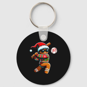 Funny 67 Gingerbread Man Playing Baseball Christma Keychain