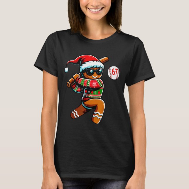 Funny 67 Gingerbread Man Playing Baseball Christma T-Shirt (Front)