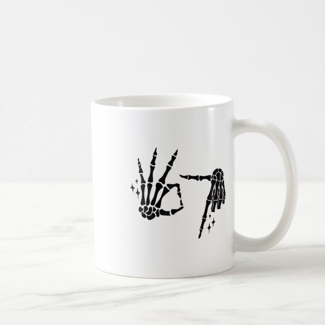 Funny 67 Meme Skeleton Hand 6 7 Halloween Six Seve Coffee Mug (Right)