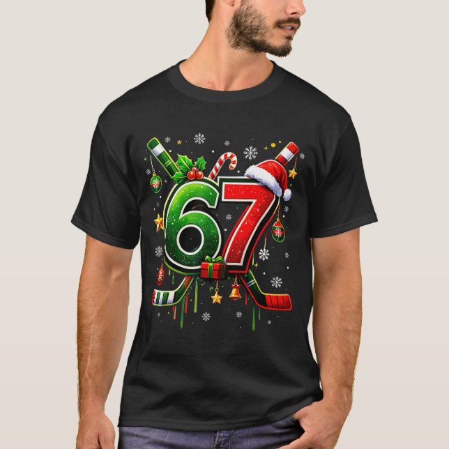 Funny 67 Six Seven Christmas Ice Hockey  T-Shirt (Front)