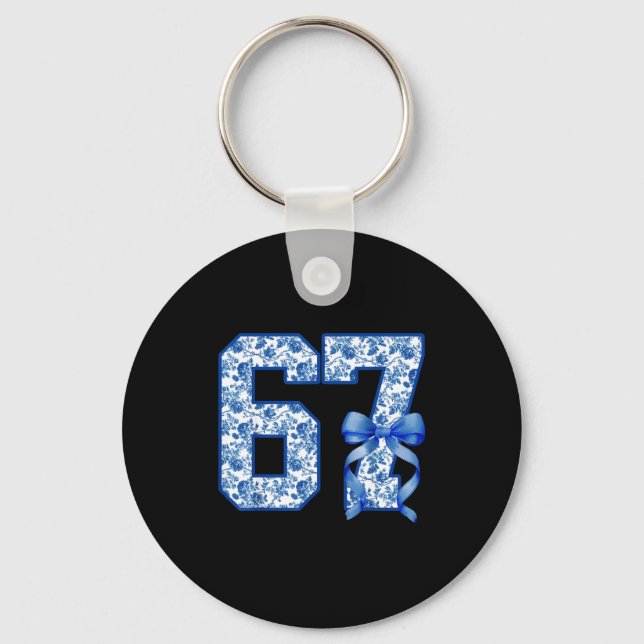 Funny 67 Six Seven Coquette Girly Blue Toile Women Keychain (Front)