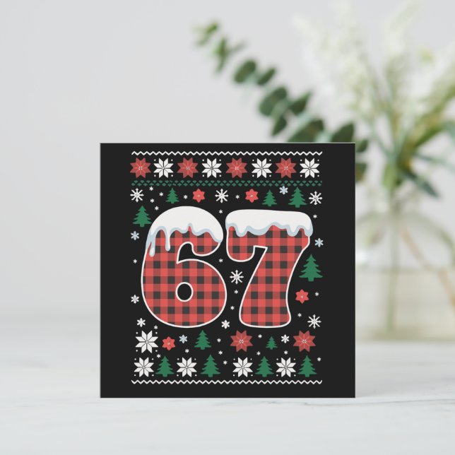 Funny 67 Six Seven Meme Cringe Christmas Red Plaid Holiday Card (Standing Front)