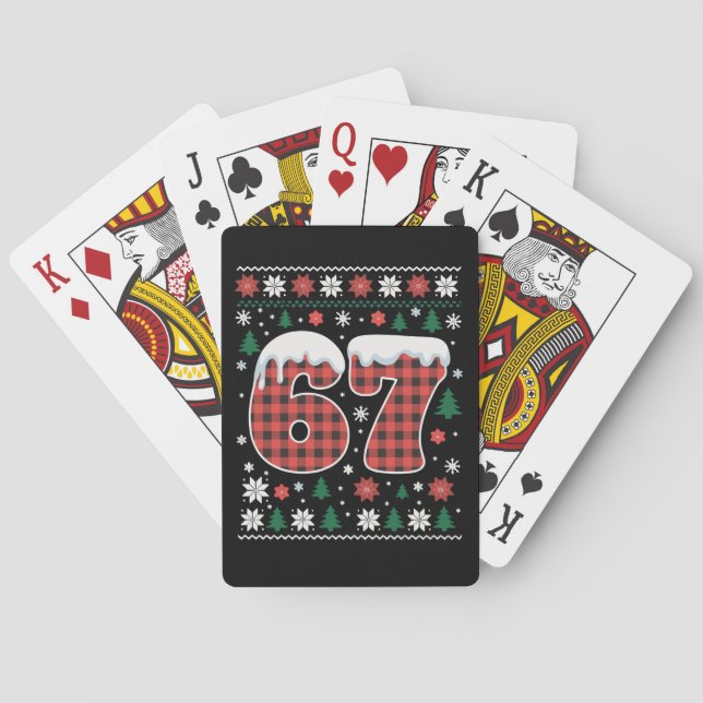 Funny 67 Six Seven Meme Cringe Christmas Red Plaid Poker Cards (Back)