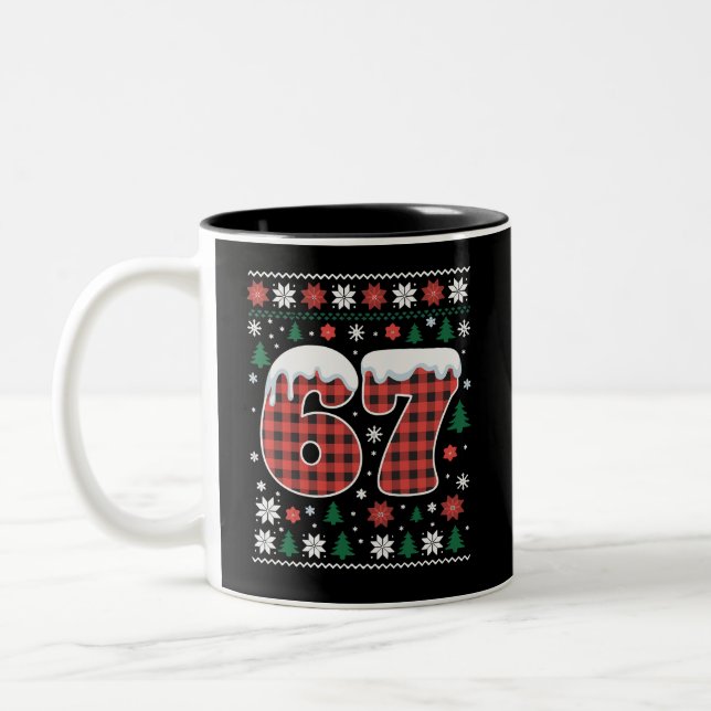 Funny 67 Six Seven Meme Cringe Christmas Red Plaid Two-Tone Coffee Mug (Left)