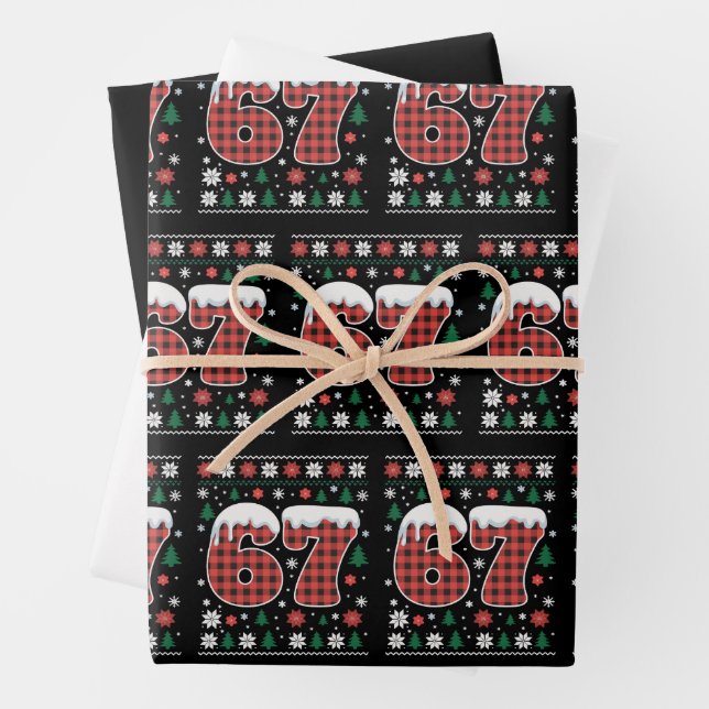 Funny 67 Six Seven Meme Cringe Christmas Red Plaid Wrapping Paper Sheets (In situ)