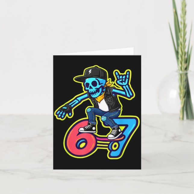 Funny 67 Skeleton Skater Meme Retro Skateboarding  Card (Front)