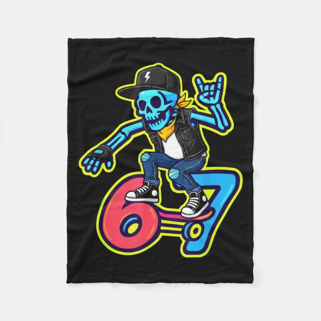 Funny 67 Skeleton Skater Meme Retro Skateboarding  Fleece Blanket (Front)