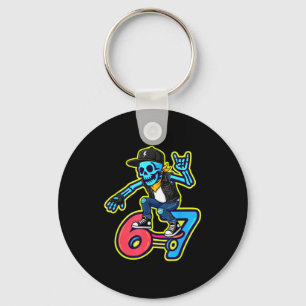 Funny 67 Skeleton Skater Meme Retro Skateboarding Keychain