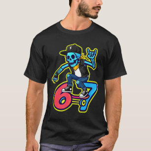 Funny 67 Skeleton Skater Meme Retro Skateboarding T-Shirt
