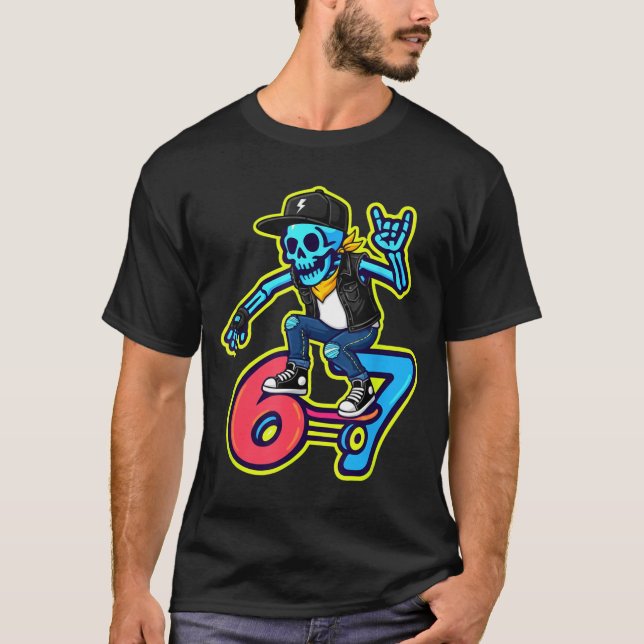 Funny 67 Skeleton Skater Meme Retro Skateboarding  T-Shirt (Front)