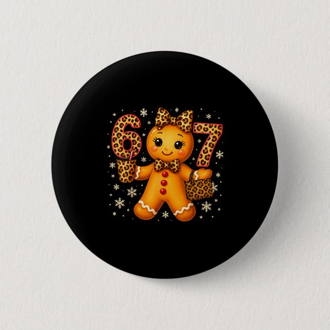 Funny 6 7 Christmas Leopard Bow Gingerbread Girls  Button (Front)