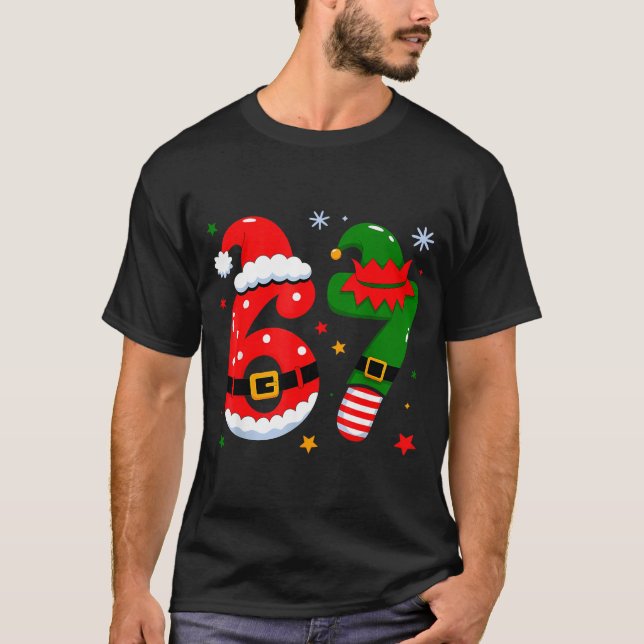 Funny 6 7 Six Seven Meme Christmas Santa Elf Coupl T-Shirt (Front)