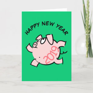 Funny 6 Cartoon Illustration Pig Year 2019 Card