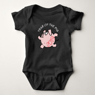 Funny 6 Cartoon Illustration Pink Pig custom year  Baby Bodysuit