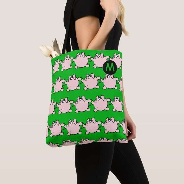Funny 6 Cartoon Pig Monogram Choose Color Tote Bag (Close Up)