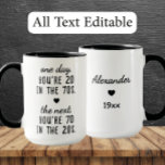 Funny 70th Birthday Personalized Mug - Age Humor<br><div class="desc">Celebrate the big 7-0 with a laugh! This clever and witty design perfectly captures the essence of aging with humor: "One day, you're 20 in the 70s. The next, you're 70 in the 20s." It's a fantastic, relatable joke for anyone reaching their seventh decade. The reverse side of the design...</div>