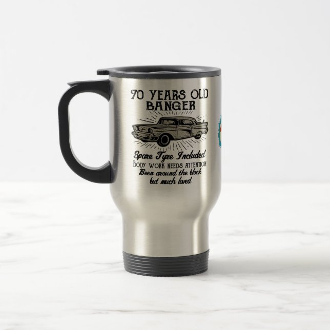 Funny 70th Birthday Retro Car Banger Add Name Date Travel Mug (Left)