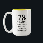 Funny 73rd Birthday two tone mug gift idea for him<br><div class="desc">The man the myth the legend 73rd Birthday party mug gift for men. Personalizable with your name and age. Age humor for home or office. Vintage seventy third Birthday gift idea for legendary dad, husband, boyfriend, uncle, best grandpa, brother, grandfather, godfather, step dad, friend, co worker, boss etc. Funny present...</div>
