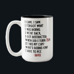 Funny 75th Birthday Hilarious Old Age Joke Custom Two-Tone Coffee Mug<br><div class="desc">Celebrate his 75th birthday with laughter! This funny coffee mug makes the perfect gift for men who embrace aging with humor. Featuring the hilarious quote: "I came. I saw. I forgot what I was doing. I went back. I got distracted. When did I turn 75?! Is this my cup? What's...</div>