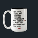 Funny 75th Birthday Hilarious Old Age Joke Custom Two-Tone Coffee Mug<br><div class="desc">Celebrate his 75th birthday with laughter! This funny coffee mug makes the perfect gift for men who embrace aging with humor. Featuring the hilarious quote: "I came. I saw. I forgot what I was doing. I went back. I got distracted. When did I turn 75?! Is this my cup? What's...</div>