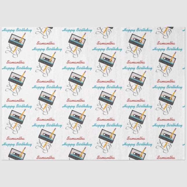 Funny 80s Music Retro Cassette Tape Birthday Name Tissue Paper (Front)