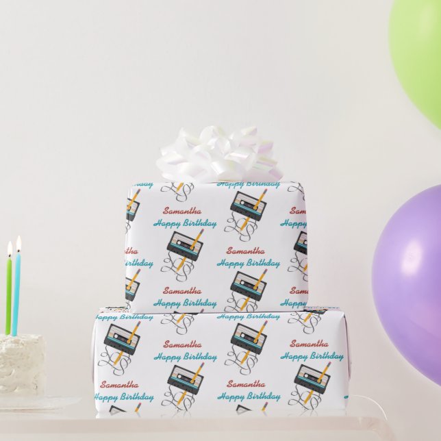 Funny 80s Music Retro Cassette Tape Birthday Name Wrapping Paper (Party Gifts)