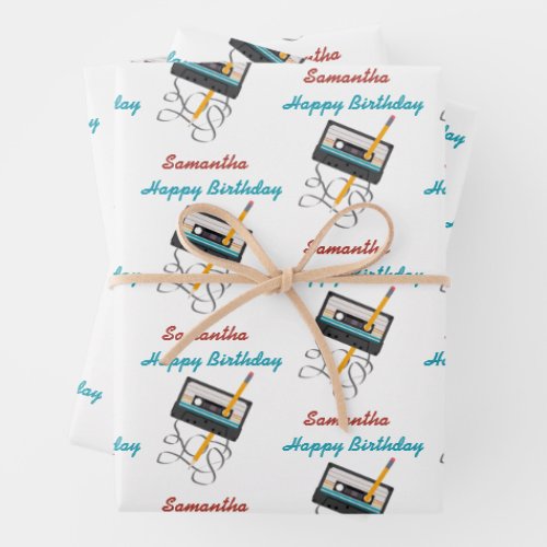 Funny 80s Music Retro Cassette Tape Birthday Name Wrapping Paper Sheets