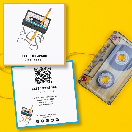 Funny 80s Music Retro Cassette Tape QR Code Square Business Card