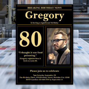 Funny 80th Birthday Retro Black Gold Newspaper Invitation