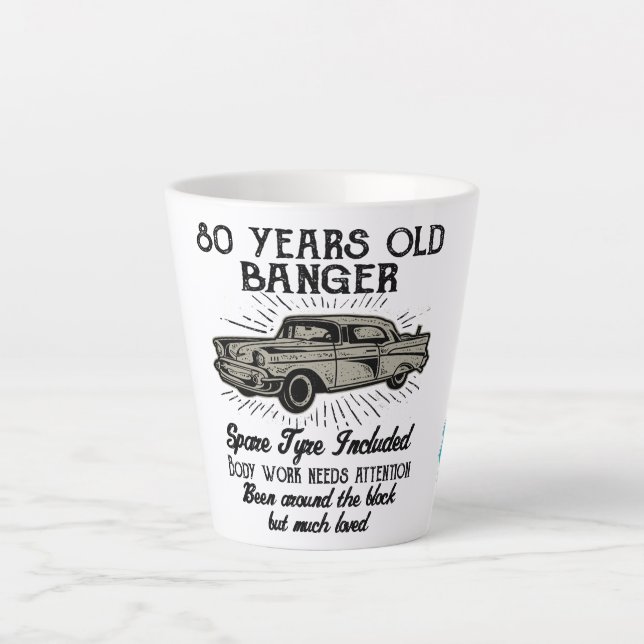Funny 80th Birthday Retro Car Banger Add Name Date Latte Mug (Front)
