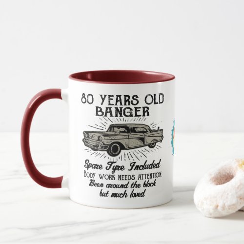 Funny 80th Birthday Retro Car Banger Add Name Date Mug