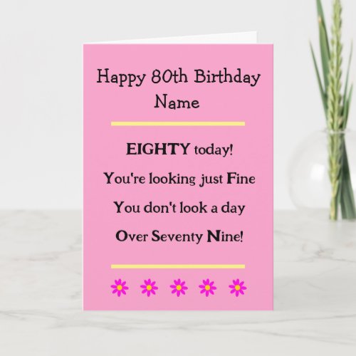 Funny 80th Birthday Verse Pink Birthday Card