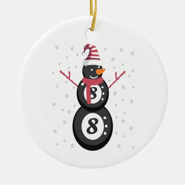 Funny 8 Ball Pool Snowman Christmas New Year Gift Ceramic Ornament (Front)