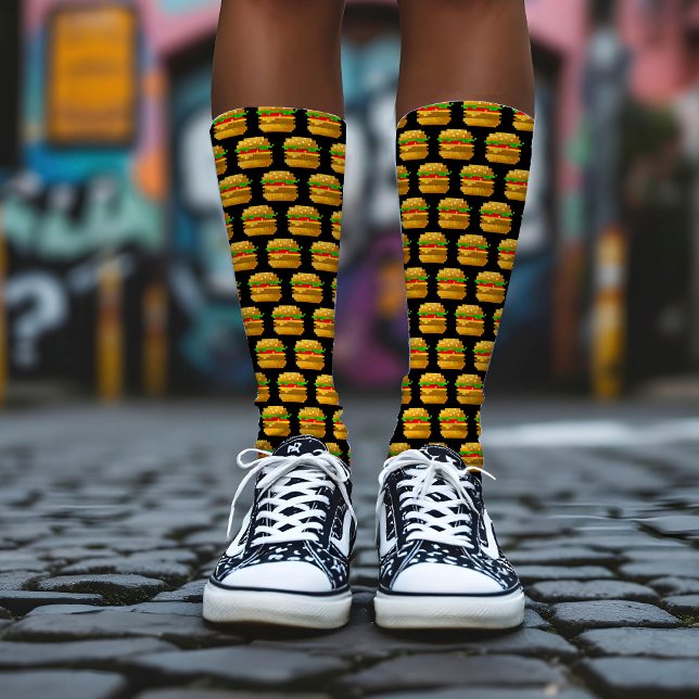    Funny 8-bit Pixel Art Burger Quirky Geeky Black Socks (Creator Uploaded)