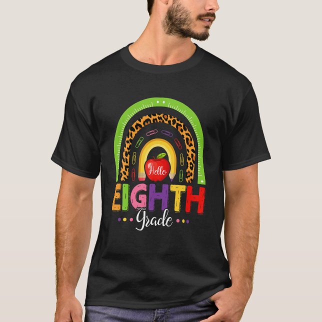 Funny 8Th Grade Leopard Rainbow Hello Back To Scho T-Shirt (Front)