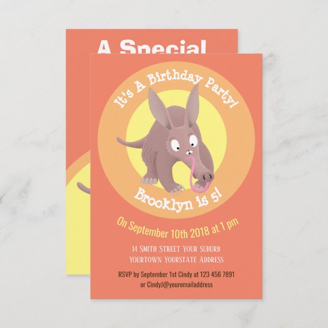 Funny aardvark cartoon personalized invitation (Front/Back)