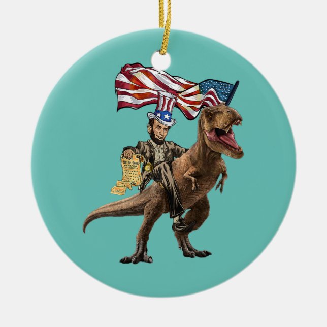 Funny Abe Lincoln With Dinosaur T Rex American Ceramic Ornament (Front)