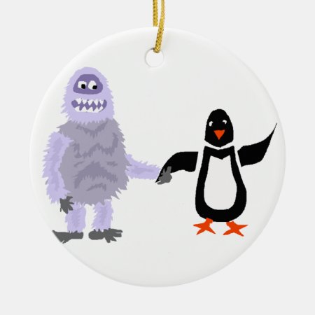 Funny Abominable Snowman And Penguin Love Art Ceramic Ornament