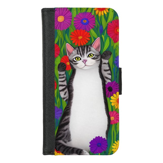 Funny Abstract Black and Gray Whimsical Cat iPhone Wallet Case (Front)