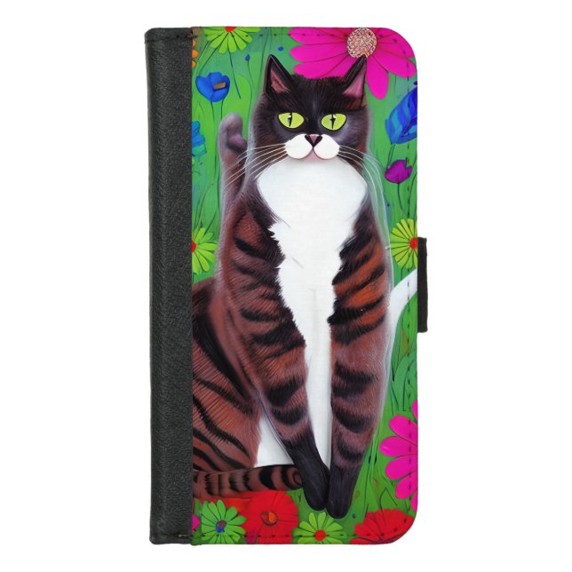 Funny Abstract Black and White Whimsical Cat iPhone Wallet Case (Front)