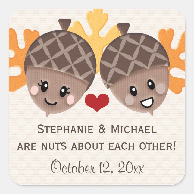 Funny Acorn Couple Favor Square Sticker (Front)