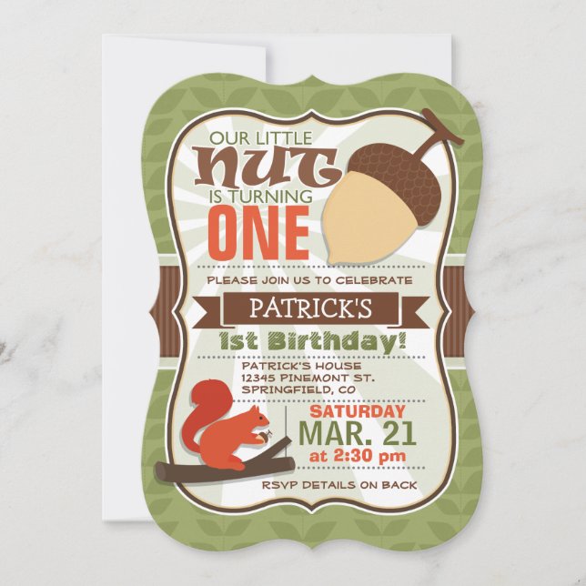 Funny Acorn; Woodland Squirrel Birthday Party Invitation (Front)