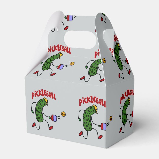 Funny Action Pickle Playing Pickleball Cartoon Favor Boxes (Front Side)