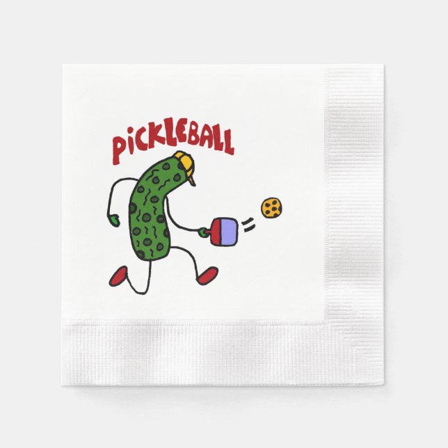 Funny Action Pickle Playing Pickleball Cartoon Napkins (Front)